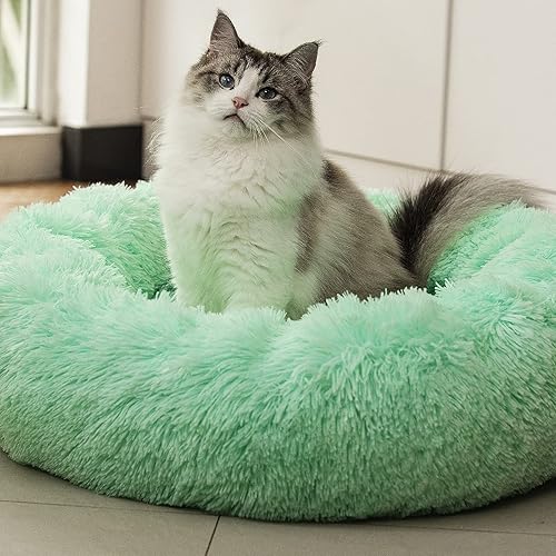 Raimaiso Anti Anxiety Round Fluffy Plush Faux Fur Warm Washable Dog Bed & Cat Bed, Original Bed for Small Medium Large Pets,Used to Relieve Joints and Improve Sleep（20"/24"/27''） (27", Light Green) - 27.0"L x 27.0"W x 9.0"Th - Light Green