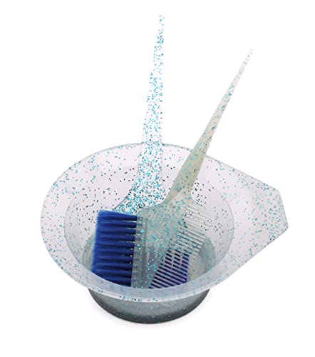 3Pcs Hair Dye Brush and Bowl Set,Glitter Salon Hair Coloring Dyeing Kit-Color Bowls,Angled Comb and Brush for Hair Color, Hair Bleach, Hair Dye, Coloring - blue