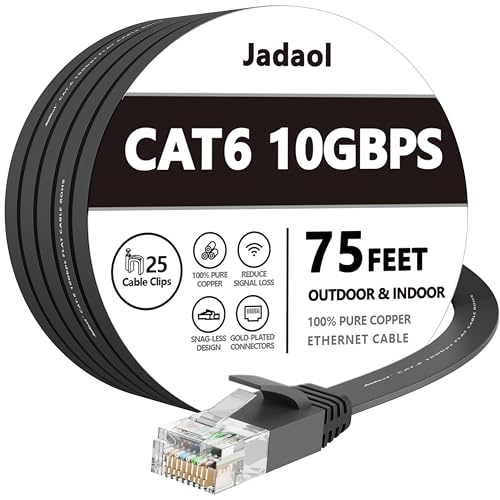 Cat 6 Ethernet Cable 75 ft, Outdoor&Indoor, 10Gbps Support Cat8 Cat7 Network, long Flat Internet LAN Patch Cord, Cat6 Solid Fast Speed weatherproof Cable for Router, Modem, PS4/5, Xbox, Gaming, Black - 75ft - Flat - Black