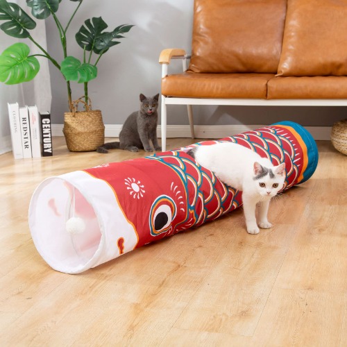 LUCKITTY Japanese Carp Flags Small Animals Tunnel Tube Toy with Plush Ball-Waterproof Oxford Durable Collapsible for Indoor Cat/Kitten-47.2Inch/120CM (Red) - FISH-RED