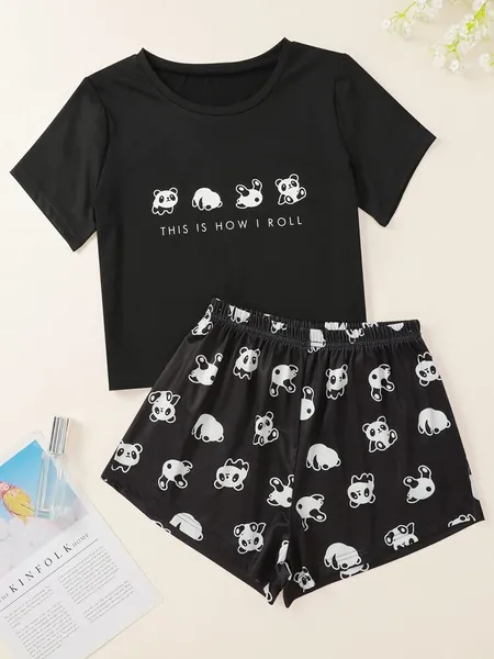 Cartoon Panda And Slogan Graphic Pyjama Set