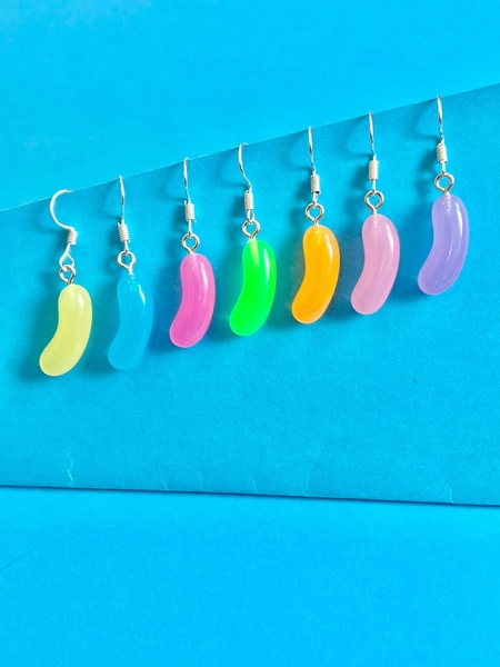 Torpedo Bean Dangle Earrings, super cute, quirky, fun and funky #love #sweets #neon