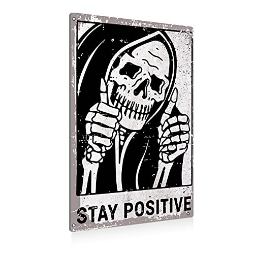 Vintage Stay Positive Skull Sign Metal Tin Sign Wall Décor Funny - Retro Sign for Home Living Room Bedroom Decor Gifts - 8x12 Inch