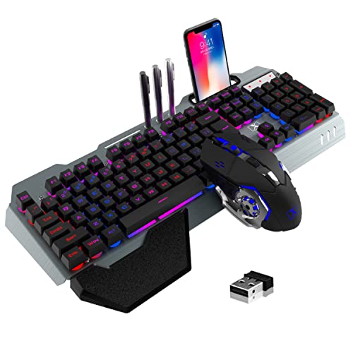 Wireless Gaming Keyboard and Mouse Combo,Rainbow LED Backlit Keyboard with Rechargeable 3800mAh Battery Metal Panel,Removable Wrist Rest Mechanical Feel and 7 Color Mute Gaming Mice for PC PS4 PS5 - Black LED Mix
