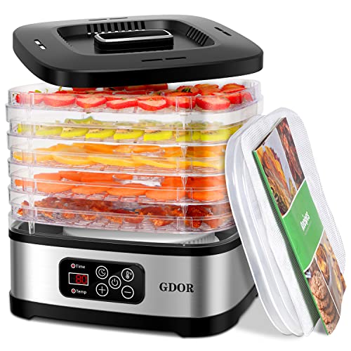 Food Dehydrator Includes Mesh Screen, Fruits Roll Sheet, Recipes, GDOR 5 Trays Dehydrator Machine with Temp Control & 72H Timer & LED Display, for Jerky, Fruit, Veggie, Herb, Dog Treat, BPA-Free - 5 Trays - Silver