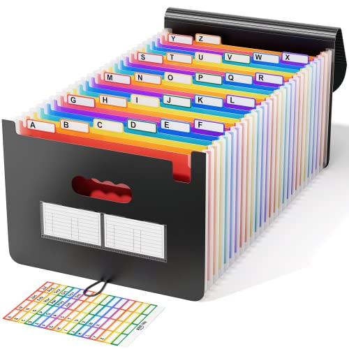 ABC life 26 Pockets Accordian File Organizer Expanding File Folders, Portable Letter A4 Size Filing Box,Plastic Monthly Receipt Document Organizer,Expandable Accordion Folder with Colored A-Z Tabs - A Black Classic