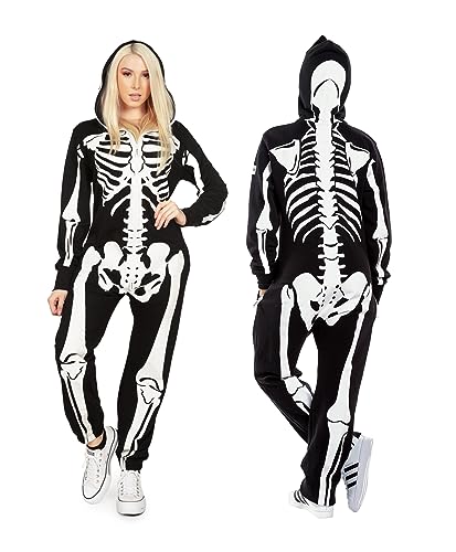 Tipsy Elves Halloween Skeleton Costume for Women - Comfy Easy Onesie Jumpsuit - Front and Back Print with Zip Up Mask - Standard - Medium - White