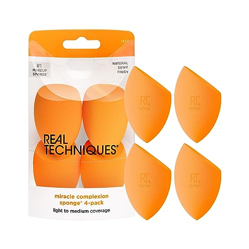 Real Techniques Miracle Complexion Sponge, Makeup Blender for Liquid and Cream Foundation, Full Coverage, Streak-Free Professional Makeup Tool, Cruelty Free, Vegan, Latex Free, 4 Count - Miracle Complexion Sponge, 4 Count