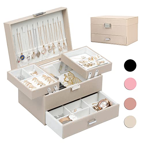 Dajasan Jewelry Box Organizer, Jewelry Boxes for Women Girls, 3 Layers Jewelry Gift Box for Christmas, Valentine's Day, Birthday, Mother's Day (Champagne) - Champagne