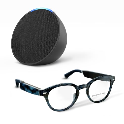 Amazon Echo Frames (3rd Gen) + Echo Pop | Smart glasses with Alexa | Round frames in Blue Tortoise with prescription ready lenses - Blue Round