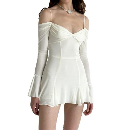 Women Y2k Long Sleeve Mini Dress Low Cut Spaghetti Strap Short Dress Chiffon Vintage Ruffle Party Dress