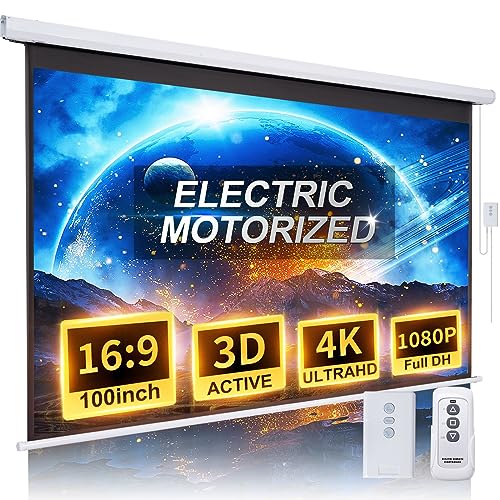 Motorized Projector Screen Pull Down 100 Inch 16:9 HD Automatic Projector Screen with Remote, Electric Retractable Projection Screen Portable, Roll Up Movie Screens for Projectors Outdoor Indoor White - 100in(16:9)-White