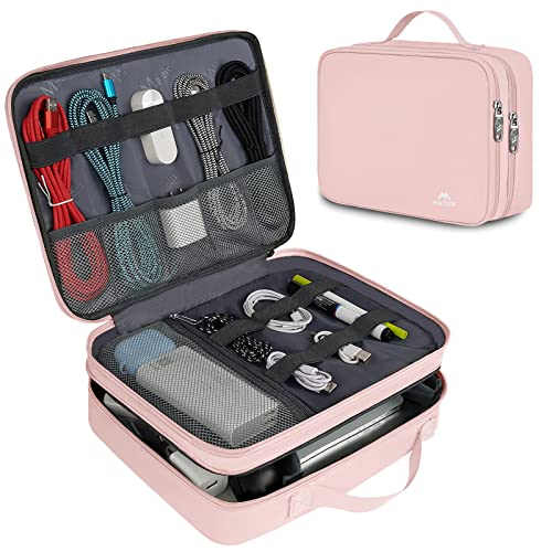 MATEIN Travel Cord Organizer for Women, Large Tech Storage Bag Water Resistant Electronic Accessories Case with Handle for Cord, Cables, Cellphone, IPad (Up to 12.9inch), Powerbank, Soft Pink - Pink - Large