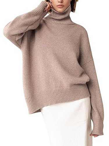 YKR Women's Turtleneck Sweater Chunky Long Sleeve Knitted Pullover High Low Hem Trendy 2024 Fall Winter Basic Jumper Top - Small - A-khaki