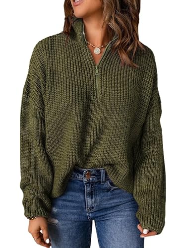 Dokotoo Womens Sweaters Long Sleeve 1/4 Zip Pullover Polo V Neck Dressy Casual Tops - Small - A2 Green