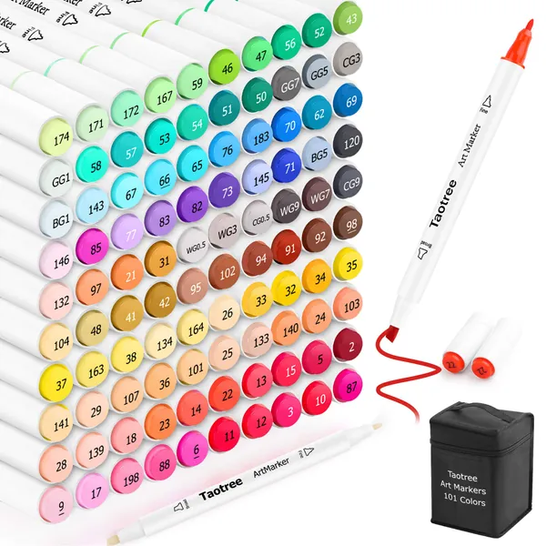 Taotree 101 Colors Alcohol Based Markers, Dual Tips Permanent Art Markers Highlighter Pen Sketch Markers for Kids Adult Coloring Drawing Sketching Illustration and Card Making (White Penholder)