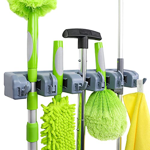 Amazon Basics Rectangular Wall Mount Broom Holder and Garden Tool Organizer, 6 Hook and 5 slot, Gray, 16.75 x 3.35 x 2.36 in