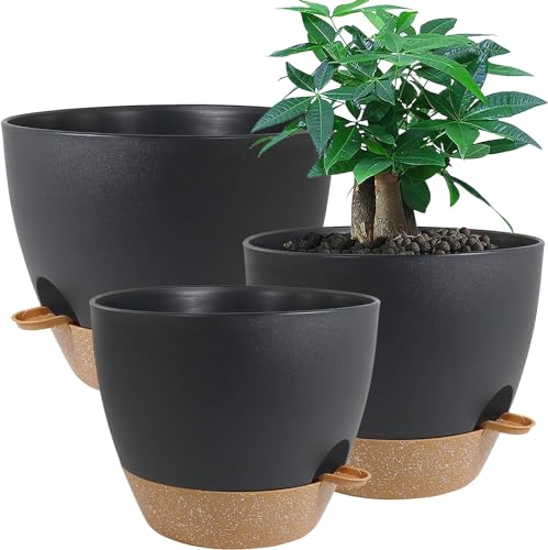 UOUZ Large Self Watering Pots, 12/10/9 Plastic Planters with High Drainage Holes and Deep Reservoir for Indoor Outdoor Garden Plants and Flowers, Black with Brown - Black With Brown - 12/10/9inch