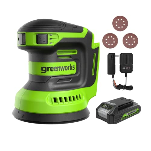 Greenworks 24V Orbital Sander Kit, 5" Random Sander Variable Speed, 2Ah Battery and Charger Included - Orbital Sander - 2.0Ah