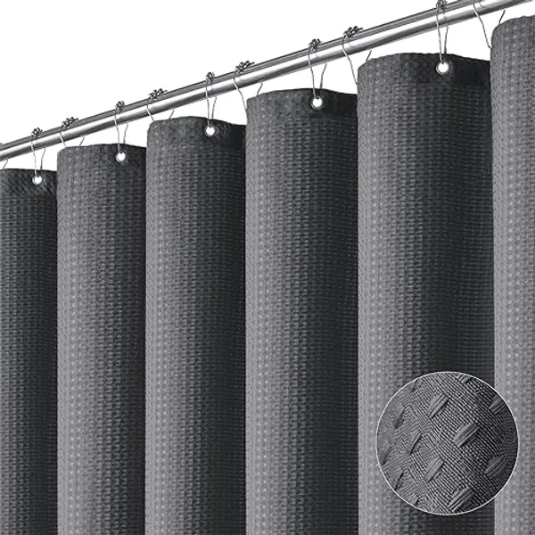 Dynamene Charcoal Grey Fabric Shower Curtain - Waffle Weave Textured Heavy Duty Cloth Shower Curtains for Bathroom, 256GSM Hotel Luxury Weighted Bath Curtain Set with 12 Plastic Hooks,72x72