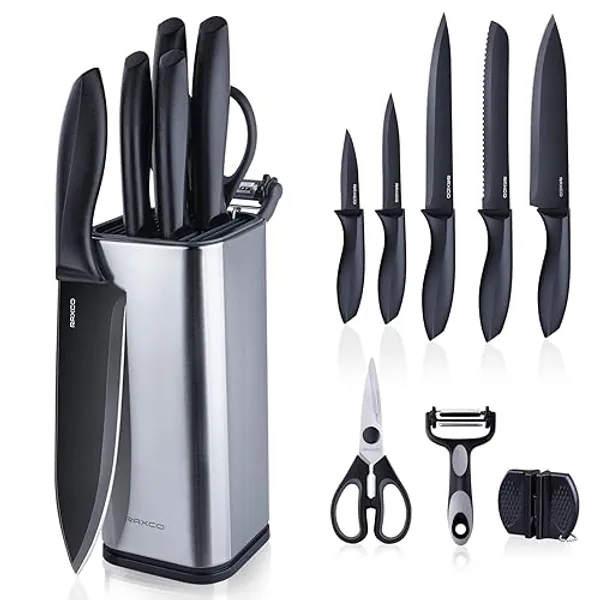 RAXCO Knife Set with Block,10-Piece Kitchen Knives Stainless Steel,Pro-Sharpened for ooking/Slicing/Chopping,Black