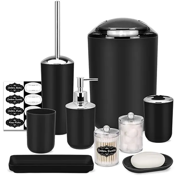 Black Bathroom Set,9 Piece Bathroom Accessories Set,Tray,Soap Dispenser,Toothbrush Holder,Toothbrush Cup,Soap Dish,Toilet Brush,Qtip Holders,Trash Can for Bathroom Décor and Housewarming Gifts