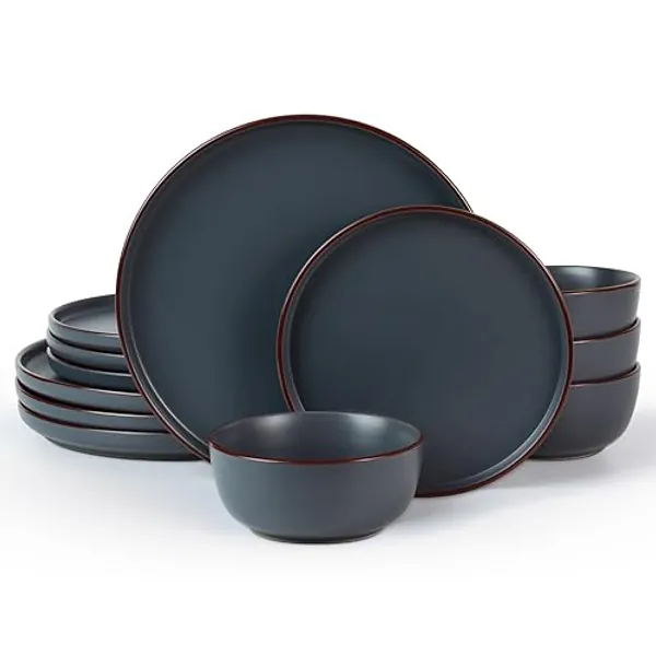 Famiware Mercury Plates and Bowls Sets, 12 Pieces Stoneware Dinnerware Sets, Dishes Set for 4, Microwave and Dishwasher Safe, Charcoal