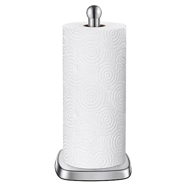 SMARTAKE Paper Towel Holder for Countertop, Standing Kitchen Roll Holder with Suction Cups, Non-Slip Paper Towel Stand, Stainless Steel, Weighted Base, for Kitchen Bathroom, Square Base (Silver)