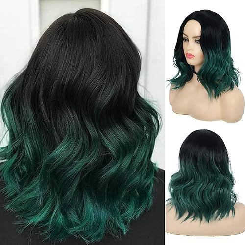 Baruisi Women's Green Black Wig Medium Curly Wavy Synthetic Middle Part Halloween Party Cosplay Hair Wig with Wig Cap