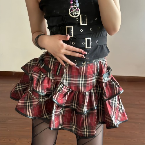 Tartan Red Plaid Goth Skirt - L