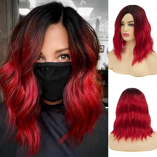 Baruisi Ombre Red Wig Short Curly Wavy Bob Wigs for Women Synthetic Dark Roots Side Part Cosplay Hair Wig