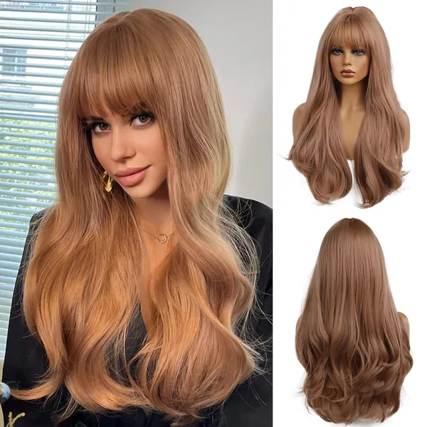 Strawberry Blonde Long Wavy Wig with Bangs