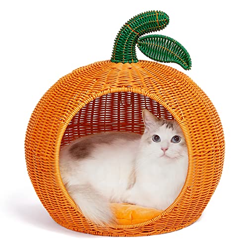 VETRESKA Rattan Cat and Dog Bed, Sustainable Cats Condo Cave Small Dog House, Comfy Kitten Bed Cute Pet Bed with Machine Washable Nest Cushion, Orange Tangerine - Tangerine