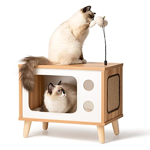 Cat House Wooden Condo Cat Bed Indoor TV-Shaped Sturdy Large Luxury Cat Shelter Furniture with Cushion Cat Scratcher Bell Ball Toys