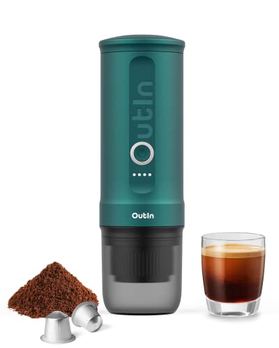 Outin Nano Portable Electric Espresso Machine with 3-4 Min Self-Heating, 20 Bar Mini Small 12V 24V Car Coffee Maker, Compatible with NS Capsule & Ground Coffee for Camping, Travel, RV, Hiking, Office - Teal