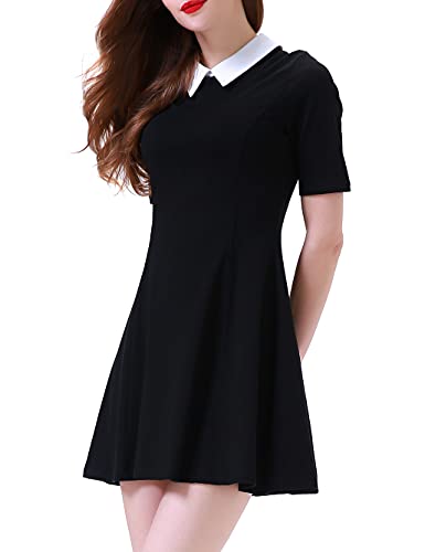 Aphratti Women's Short Sleeve Peter Pan Collar Cute Skater Dress Fit and Flare A-Line Casual Dresses - X-Large - Black