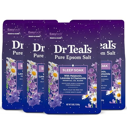 Dr Teal's Pure Epsom Salt Soak, Sleep Blend with Melatonin, Lavender & Chamomile Essential Oils, 3 lbs (Pack of 4) (Packaging May Vary) - 3.00 Pound (Pack of 4) - Clear