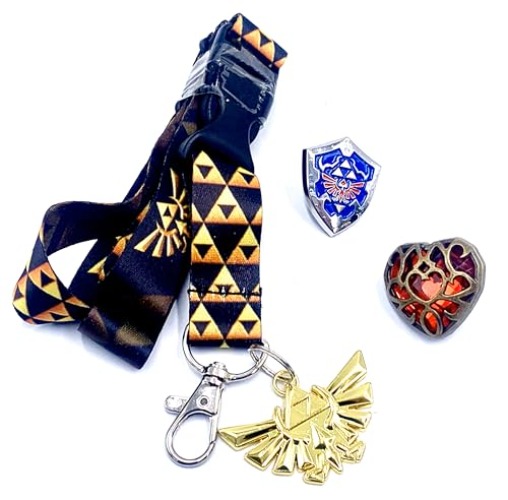 BIOWORLD Zelda Gaming Collectible 3 Piece Tin Box Gift Set - Shield and Heart Container Lapel Pin and Hyrule Crest Lanyard