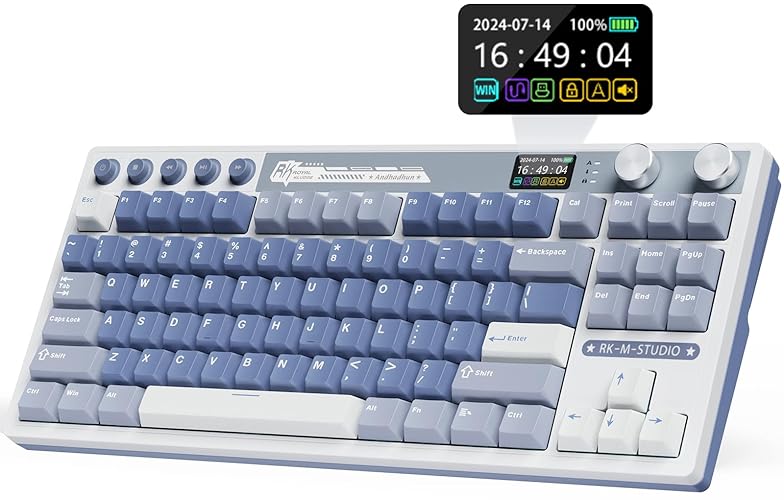 RK ROYAL KLUDGE M87 Wireless Gaming Keyboard with Screen and Dual Knob, 75% Percent 2.4Ghz/Bluetooth/USB-C Gasket Mechanical Keyboard with 7500mAh Battery, RGB Backlit Hot Swappable Cream Switch, Blue - Hot Swappable Cream Switch - Blue