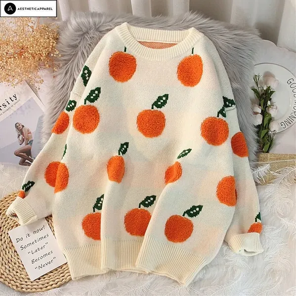 Pull tricoté Orange Fruit, Pull à motif orange, Pull Harajuku, Pull style coréen, Sweat-shirt orange Streetwear, Pull décontracté