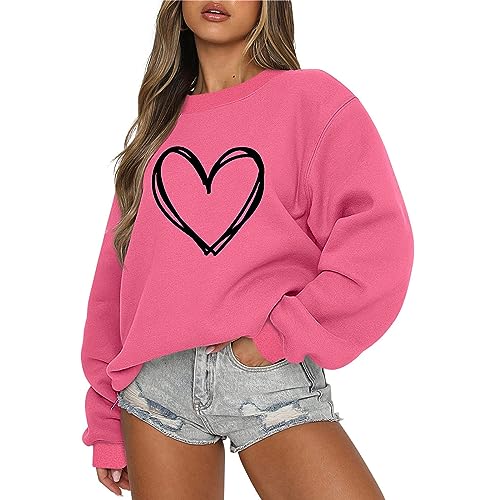 Oversized Preppy Sweatshirt Womens Cute Heart Crewneck Long Sleeve Shirts Loose Fit Drop Shoulder Pullover Fall Tops - Large - A1_hot Pink