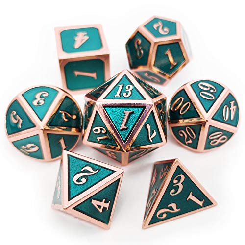 Haxtec D&D Metal Dice Set of 7 Die for Dungeons and Dragons Roleplaying Games-Copper Teal Metal Dice - Copper Teal
