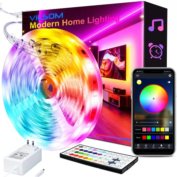 50FT LED Light Strips, ViLSOM 1 Roll of 15M Bluetooth App and Remote Control RGB LED Lights, Music Sync Color Changing LED Lights Strip for Bedroom, Living Room, Kitchen, Party, Home Decoration - 50 FT