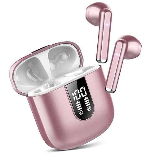 Wireless Earbuds, Bluetooth 5.3 Headphones HiFi Stereo, Mini in-Ear Bluetooth Earbuds, Wireless Earphones with 4 ENC Noise Cancelling Mic, IP7 Waterproof, LED Display, Touch Control Ear Buds,Rose Gold - 30H - Pink Gold