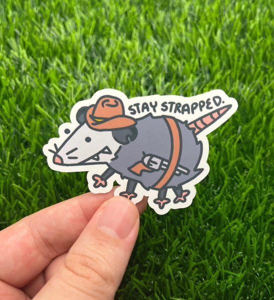 Opossum Cowboy Stay Strapped Possum Vinyl Sticker | Original Creator | Water Resistant Sticker for Laptops, Water Bottles, and Notebooks