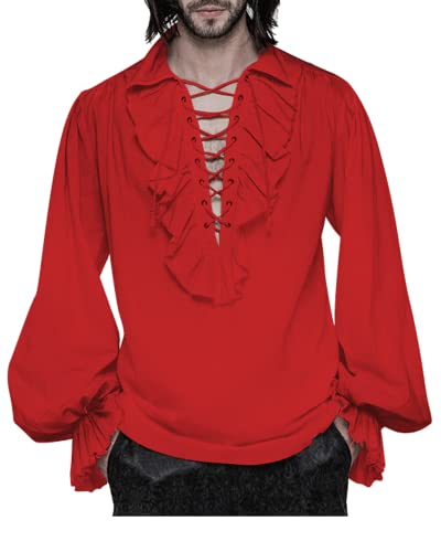 Mens Pirate Costume Shirt Steampunk Medieval Renaissance Shirt Gothic Ruffled Halloween Cosplay Tops - Red - X-Large
