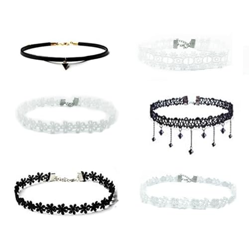 Generic Gothic Choker Necklace for Women Girl 6PCS White Black Lace Choker Velvet Necklace Set for Halloween Party Cosplay Christmas Birthday Jewelry Gifts, Adjustable, Black,White