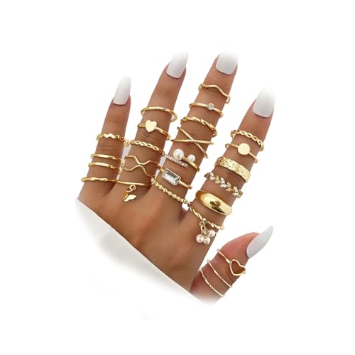 IFKM 51 Pcs Gold Knuckle Rings Set For Women Girls Vintage Stackable Joint Finger Midi Rings Dainty Cubic Zirconia Crystal Simple Twist Hollow Cute Rings Pack Jewelry Gift - 24pcs Wheat twist pearl