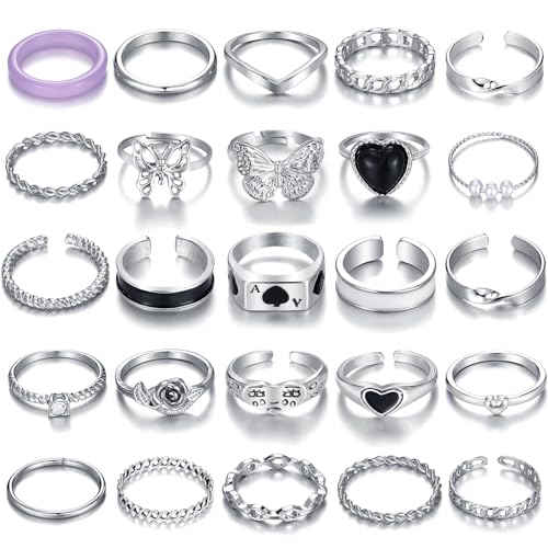 VKME 25 Pcs Vintage Silver Knuckle Rings Set for Women Girls,Bohemian Stackable Joint Finger Ring Sets,Y2K Fashion Cute Retro Midi Rings Pack Trendy Dainty Jewelry Gift