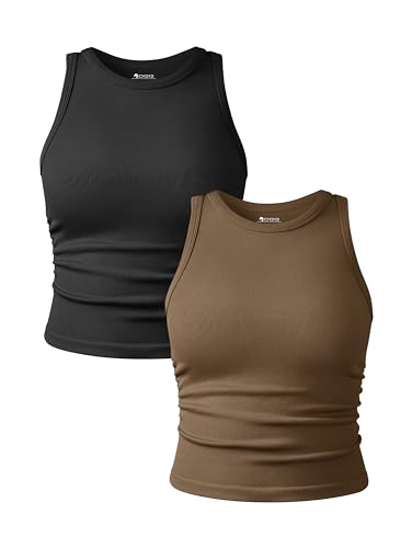OQQ Women's 2 Piece Tank Tops Crew Neck Sleeveless Basic Stretch Casusal Yoga Crop Camis - Small - Black,coffee